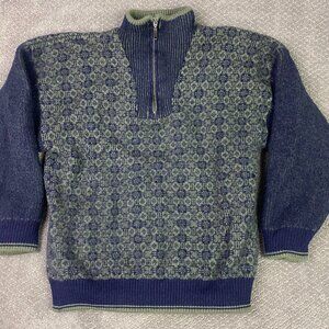 Skjaeveland Sweater XL Fits like medium Green Blue Norway 1/4 Zip Pullover
